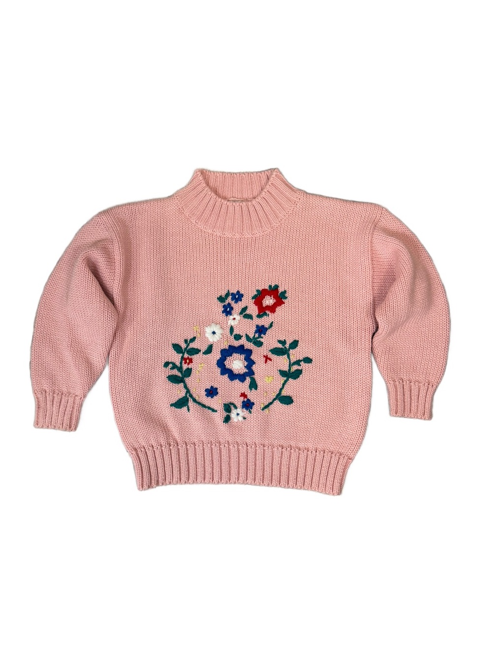 VTG 90s Esprit Mini Pink Wool Blend Chunky Floral Embroidered Sweater Kids 6
